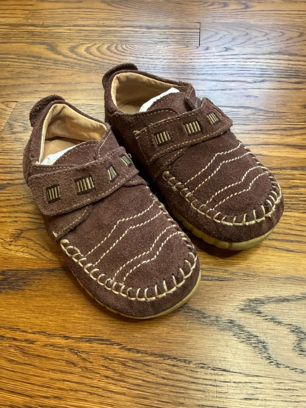 Kids Brown Suede Leather Moccasin Shoes Hook & Loop Closure Size 10